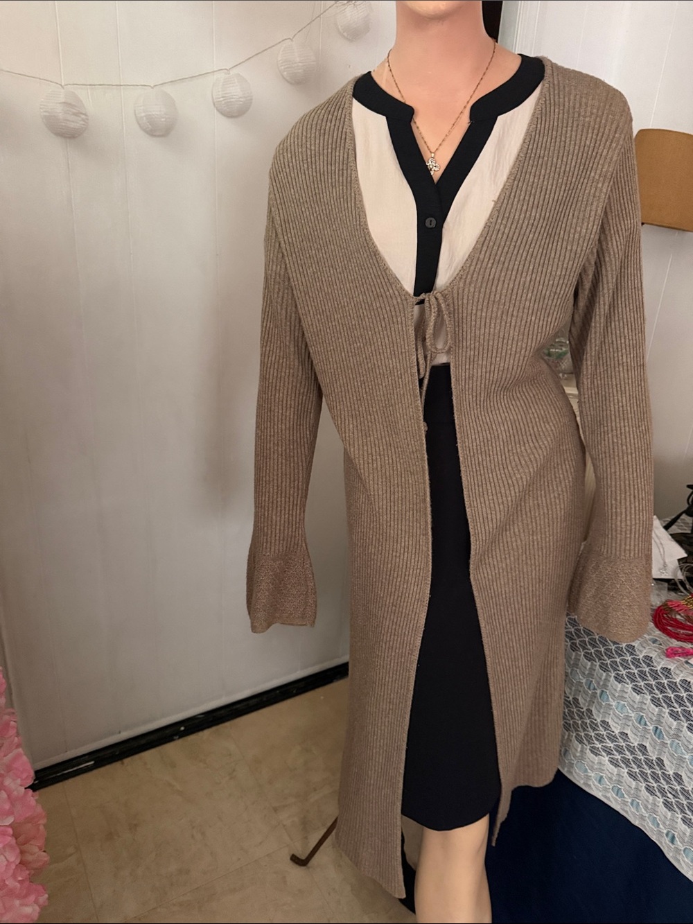 Beige Ribbed Long Cardigan Sweater
